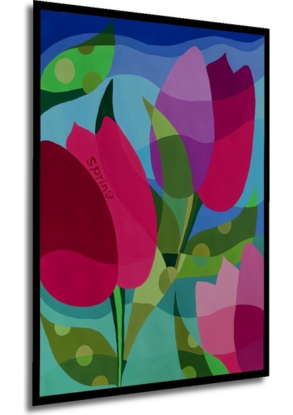 Renkli Lale Bahçesi Sulu Boya Görünümlü Modern Sanat Ahşap Dekoratif Tablo Dikdörtgen Tablo