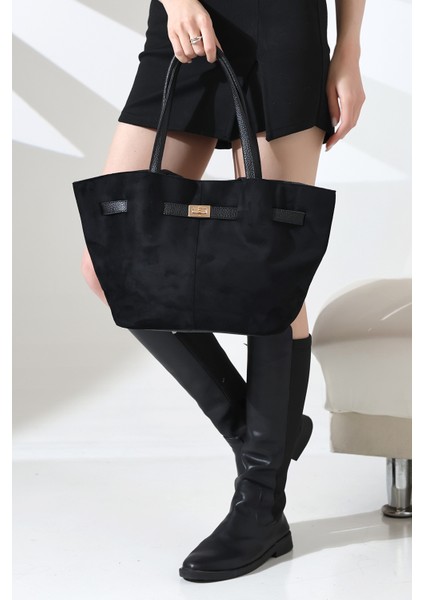 Siyah Süet Kemer Detaylı Ekstra Askılı El,kol ve Omuz Çantası,süet Kadın Çanta