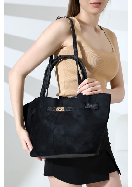 Siyah Süet Kemer Detaylı Ekstra Askılı El,kol ve Omuz Çantası,süet Kadın Çanta modelleri