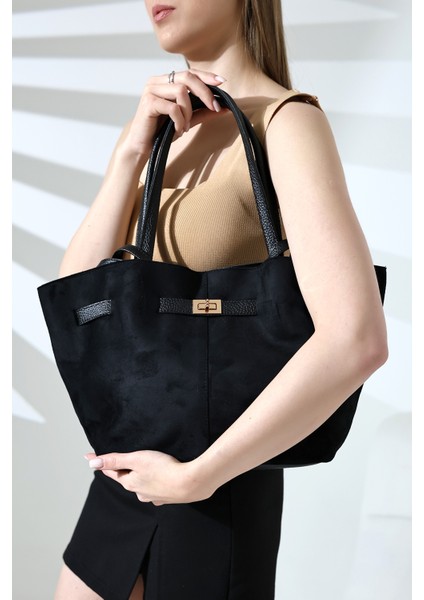 Siyah Süet Kemer Detaylı Ekstra Askılı El,kol ve Omuz Çantası,süet Kadın Çanta indirimleri