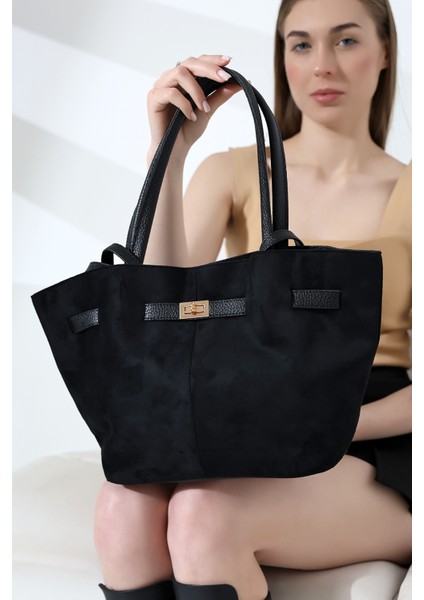 Siyah Süet Kemer Detaylı Ekstra Askılı El,kol ve Omuz Çantası,süet Kadın Çanta