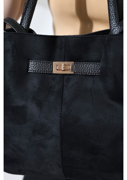 Siyah Süet Kemer Detaylı Ekstra Askılı El,kol ve Omuz Çantası,süet Kadın Çanta