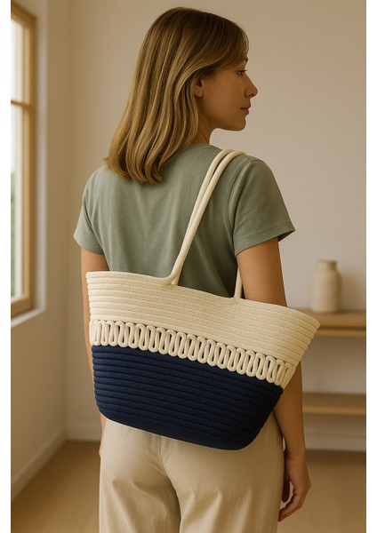 Halat Örgü Hasır Çevre Dostu Şık Çift Renkli Büyük Boy Plaj Çantası Kadın El ve Omuz Çantası