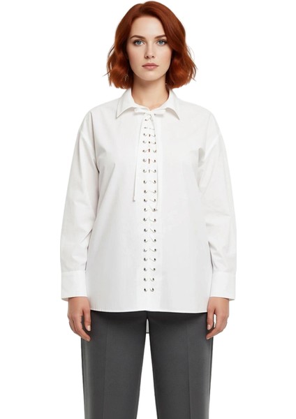 Kadın Bağcık Detaylı Rahat Kesim Dokuma Gömlek Modern Tasarım Ilkbahar Sonbahar Ofis Zarif