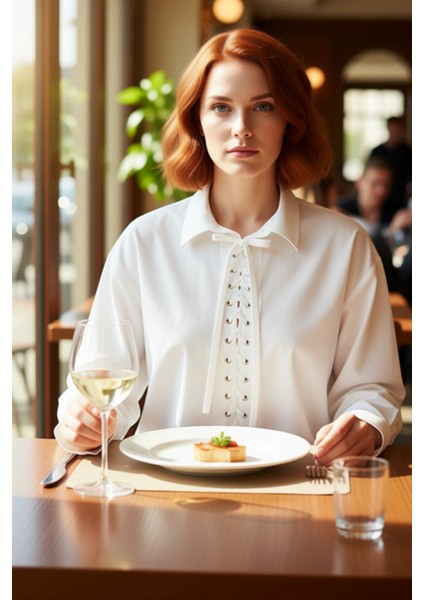 Kadın Bağcık Detaylı Rahat Kesim Dokuma Gömlek Modern Tasarım Ilkbahar Sonbahar Ofis Zarif modelleri