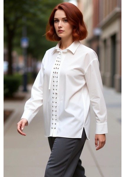 Kadın Bağcık Detaylı Rahat Kesim Dokuma Gömlek Modern Tasarım Ilkbahar Sonbahar Ofis Zarif indirimleri