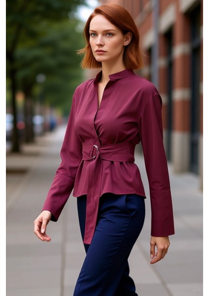 Kadınların Şıklığını Tamamlayan Kuşak Detaylı Hakim Yaka Uzun Kollu Düz Renk Gömlek Bluz Şık