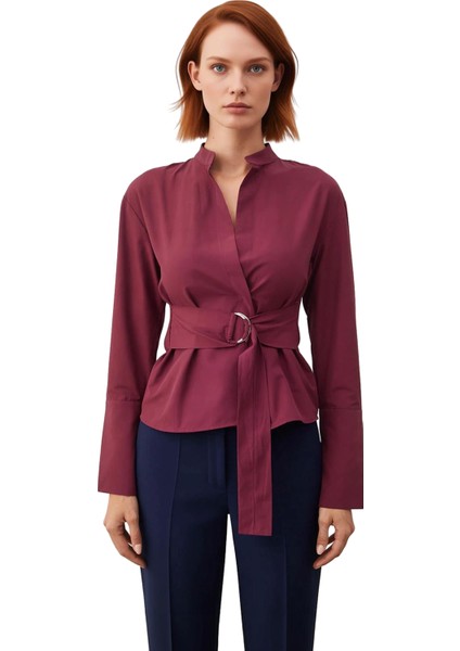Kadınların Şıklığını Tamamlayan Kuşak Detaylı Hakim Yaka Uzun Kollu Düz Renk Gömlek Bluz Şık fırsatları