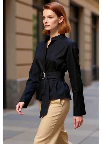 Kadınların Şıklığını Tamamlayan Kuşak Detaylı Hakim Yaka Uzun Kollu Düz Renk Gömlek Bluz Şık