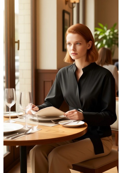 Kadınların Şıklığını Tamamlayan Kuşak Detaylı Hakim Yaka Uzun Kollu Düz Renk Gömlek Bluz Şık fiyatları