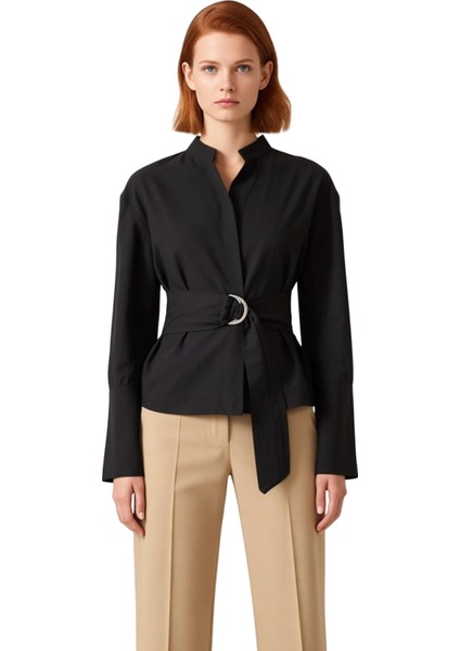 Kadınların Şıklığını Tamamlayan Kuşak Detaylı Hakim Yaka Uzun Kollu Düz Renk Gömlek Bluz Şık fırsatları