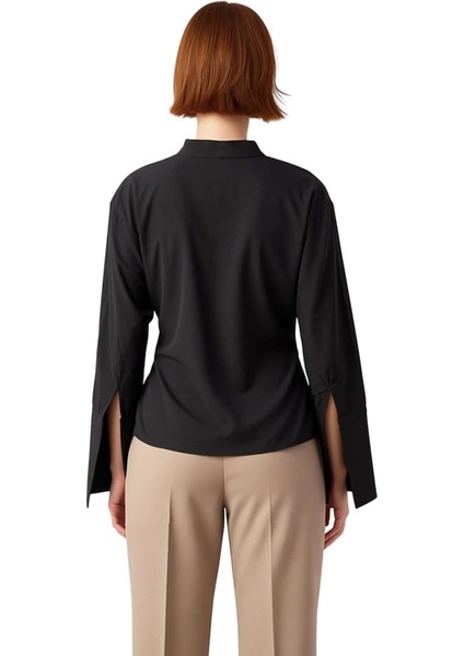 Kadınların Şıklığını Tamamlayan Kuşak Detaylı Hakim Yaka Uzun Kollu Düz Renk Gömlek Bluz Şık indirimleri