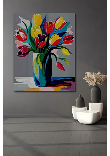Canlı Renkli Lale Buketi Yağlı Boya Görünümlü Modern Sanat Ahşap Dekoratif Tablo Dikdörtgen Tablo