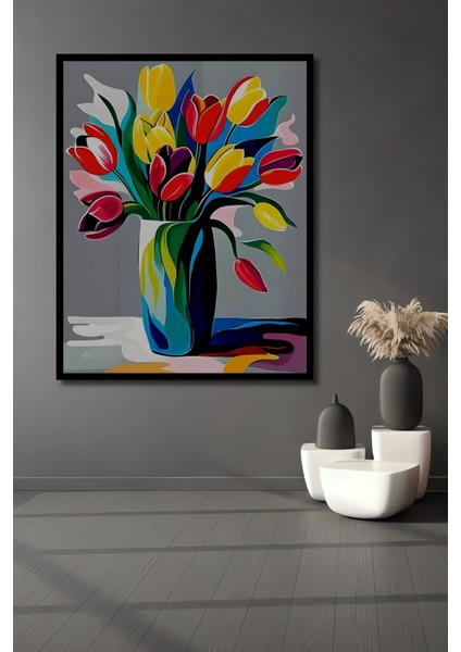 Canlı Renkli Lale Buketi Yağlı Boya Görünümlü Modern Sanat Ahşap Dekoratif Tablo Dikdörtgen Tablo fiyatları