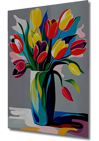 Canlı Renkli Lale Buketi Yağlı Boya Görünümlü Modern Sanat Ahşap Dekoratif Tablo Dikdörtgen Tablo modelleri