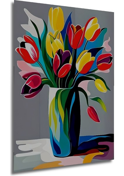 Canlı Renkli Lale Buketi Yağlı Boya Görünümlü Modern Sanat Ahşap Dekoratif Tablo Dikdörtgen Tablo fırsatları