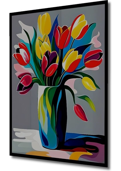 Canlı Renkli Lale Buketi Yağlı Boya Görünümlü Modern Sanat Ahşap Dekoratif Tablo Dikdörtgen Tablo indirimleri