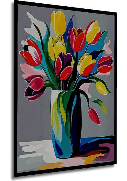 Canlı Renkli Lale Buketi Yağlı Boya Görünümlü Modern Sanat Ahşap Dekoratif Tablo Dikdörtgen Tablo