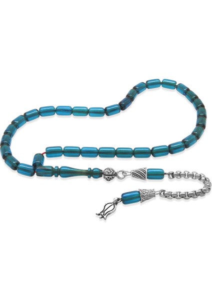 Ateş Kehribar Tesbih - Kararmaz Metal Püsküllü - Mini Boy - Mavi Renk - Kapsül Kesim