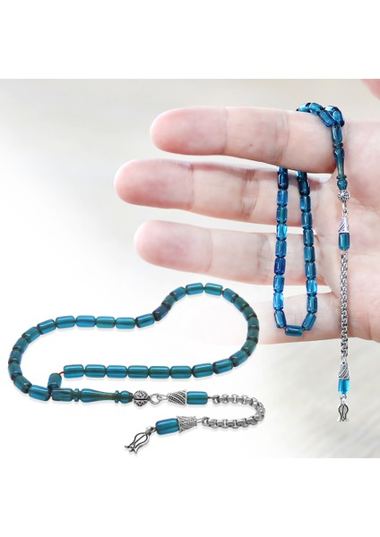 Ateş Kehribar Tesbih - Kararmaz Metal Püsküllü - Mini Boy - Mavi Renk - Kapsül Kesim fiyatları