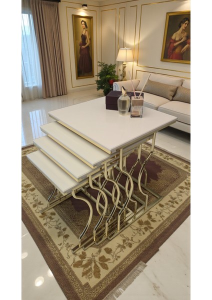 Arden Elite 4'lü Kare Zigon Sehpa Seti – Gold Ayak, Krem Mdf