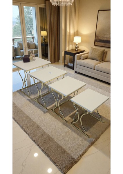 Arden Elite 4'lü Kare Zigon Sehpa Seti – Gold Ayak, Krem Mdf modelleri