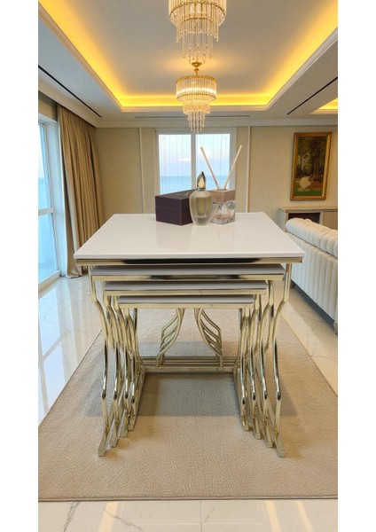 Arden Elite 4'lü Kare Zigon Sehpa Seti – Gold Ayak, Krem Mdf fırsatları