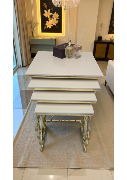 Arden Elite 4'lü Kare Zigon Sehpa Seti – Gold Ayak, Krem Mdf indirimleri