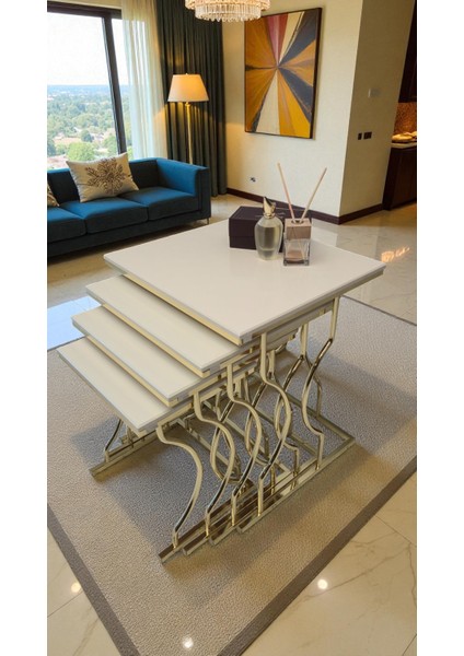 Arden Elite 4'lü Kare Zigon Sehpa Seti – Gold Ayak, Krem Mdf