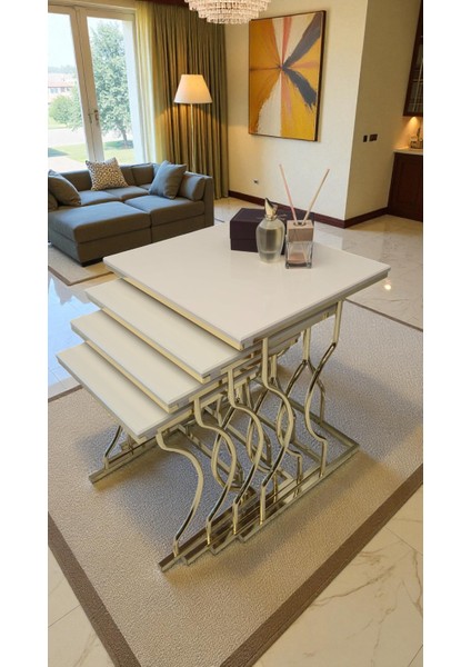 Arden Elite 4'lü Kare Zigon Sehpa Seti – Gold Ayak, Krem Mdf