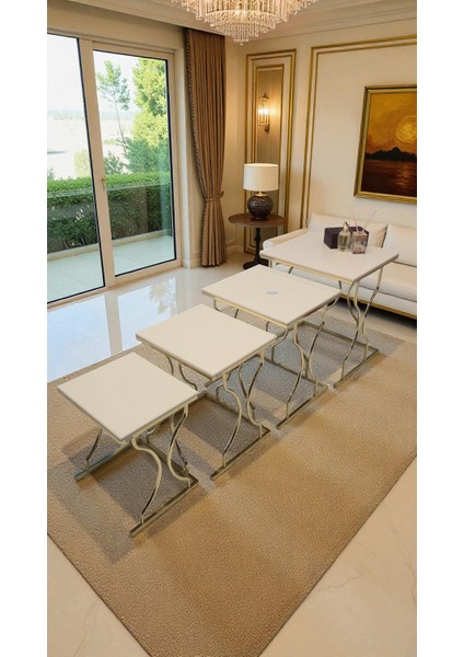 Arden Elite 4'lü Kare Zigon Sehpa Seti – Gold Ayak, Krem Mdf