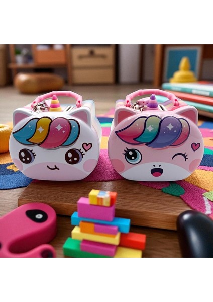 Sevimli Unicorn Metal Kumbara, Kilitli Tasarım, Çocuklar Için Dekoratif Para Kasası, Pastel Renkli Gökkuşağı Desenli