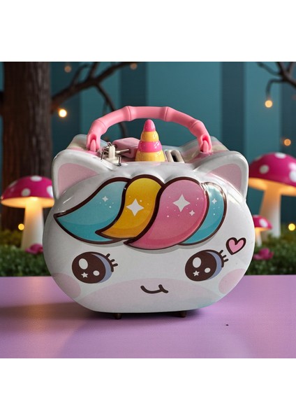 Sevimli Unicorn Metal Kumbara, Kilitli Tasarım, Çocuklar Için Dekoratif Para Kasası, Pastel Renkli Gökkuşağı Desenli fırsatları