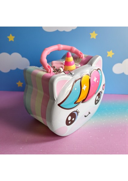 Sevimli Unicorn Metal Kumbara, Kilitli Tasarım, Çocuklar Için Dekoratif Para Kasası, Pastel Renkli Gökkuşağı Desenli