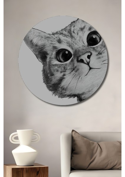 Kadife Gözlü Kedi Kara Kalem Görünümlü Dekoratif Ahşap Tablo Yuvarlak Tablo