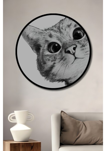 Kadife Gözlü Kedi Kara Kalem Görünümlü Dekoratif Ahşap Tablo Yuvarlak Tablo fiyatları