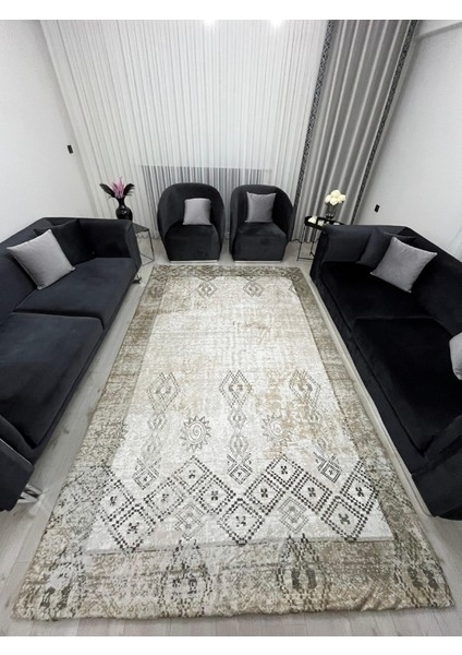 Vintage Bohem Desenli Halı Örtüsü – Bej Kahve Tonları, Kaymaz Taban, Yıkanabilir