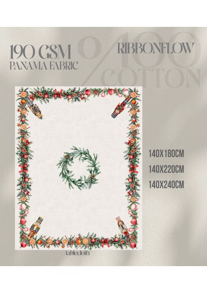 Yılbaşı Desenli Dijital Baskılı Ribbonflow Masa Örtüsü - 140 x 220 cm 140X240 cm - Panama Kumaş
