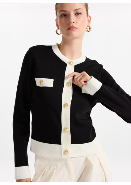 Siyah - Beyaz Kadın Hırka F5WL-HRK0019