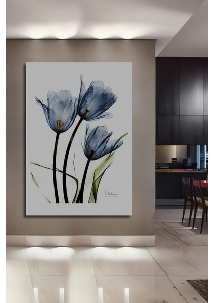 Mavi Lale Sulu Boya Görünümlü Ahşap Dekoratif Tablo Dikdörtgen Tablo