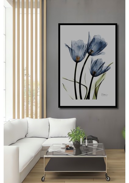 Mavi Lale Sulu Boya Görünümlü Ahşap Dekoratif Tablo Dikdörtgen Tablo fiyatları