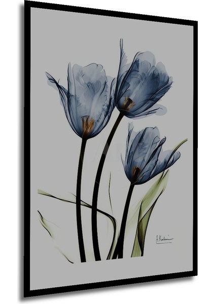 Mavi Lale Sulu Boya Görünümlü Ahşap Dekoratif Tablo Dikdörtgen Tablo