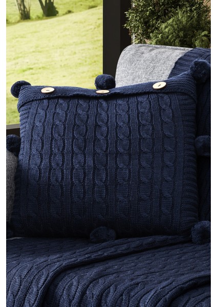 Ponponlu Triko Örme Kırlent Kılıfı - 40X40 cm Kare Yastık Kılıfı - Lacivert