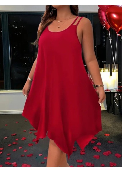 Kadın Askılı Yuvarlak Asimetrik Kesim Detaylı Viskon Elbise