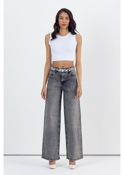 Geniş Paça Kadın Palazzo Jean Pantolon - Antrasit Antrasit - 30