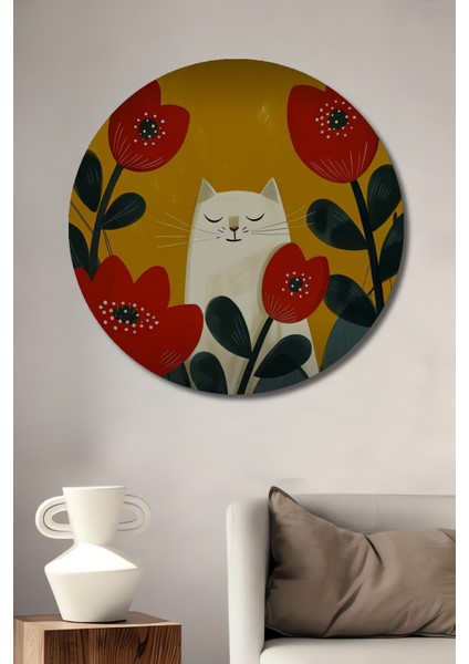 Sulu Boya Görünümlü Beyaz Kedi ve Kırmızı Lale Temalı Ahşap Dekoratif Tablo Yuvarlak Tablo