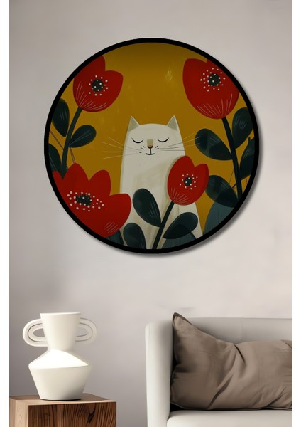 Sulu Boya Görünümlü Beyaz Kedi ve Kırmızı Lale Temalı Ahşap Dekoratif Tablo Yuvarlak Tablo fiyatları