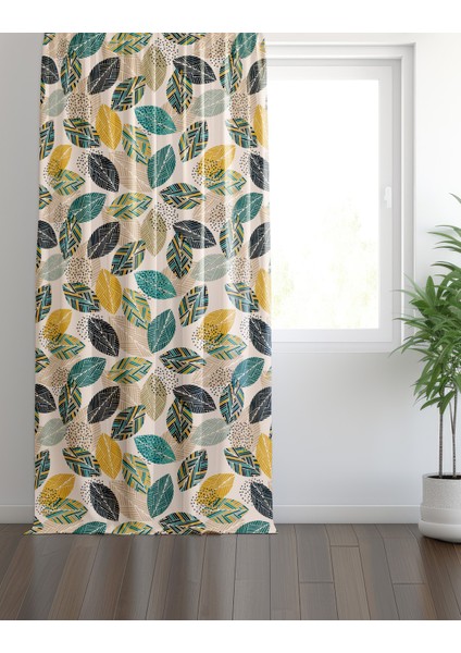 Yeşil Sarı Yaprak Desenli Modern Fon Perde
