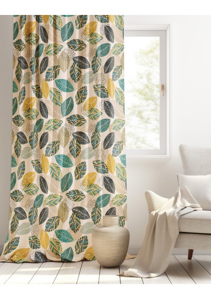 Yeşil Sarı Yaprak Desenli Modern Fon Perde fiyatları