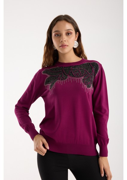 Kadın Mürdüm Elit Viskon Kumaş Taş Detaylı Bisiklet Yaka Triko Bluz